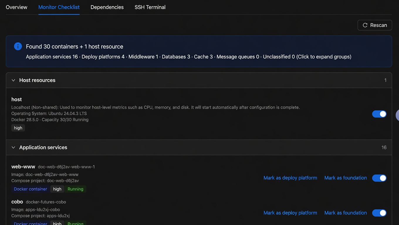 Monitor checklist: confirm which discovered services to keep checking